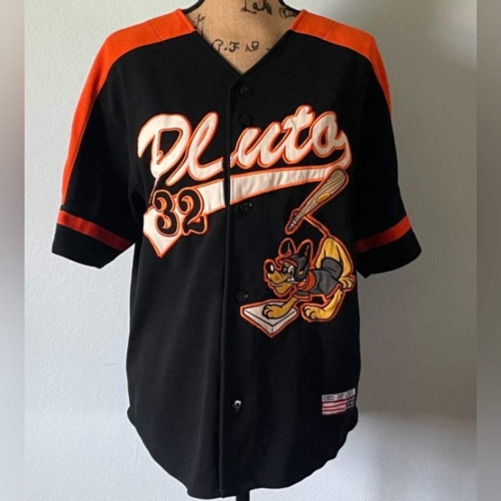 Vintage DISNEY PLUTO 32 Graphic Black & Orange Baseball Jersey Kids Sz XL 14/16